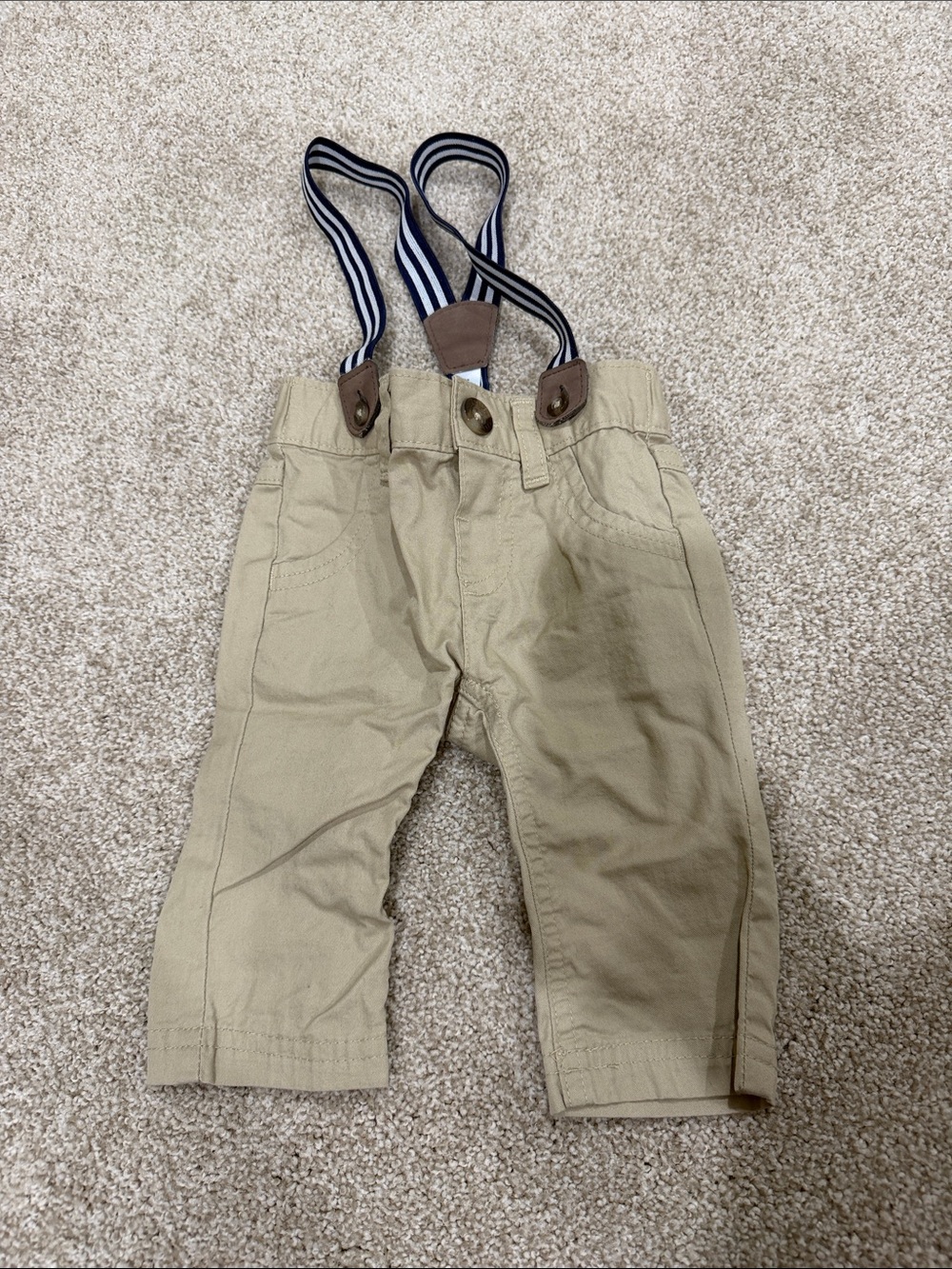Cat & Jack Khaki Pants with Navy and White Striped Suspenders